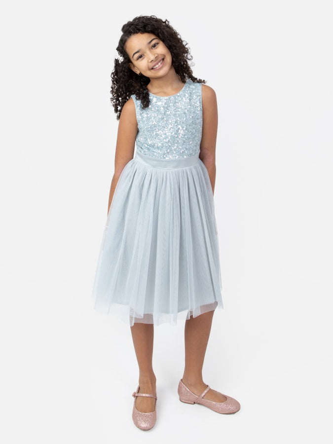 Mini Maya Pale Blue Delicate Sequin Midi Dress With Bow