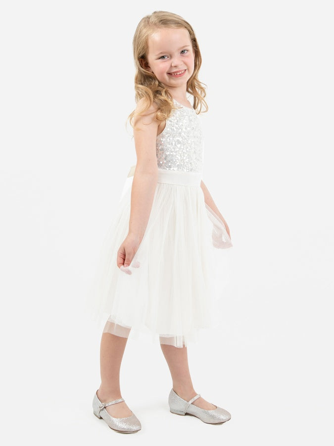 Mini Maya Ivory Delicate Sequin Midi Dress With Bow