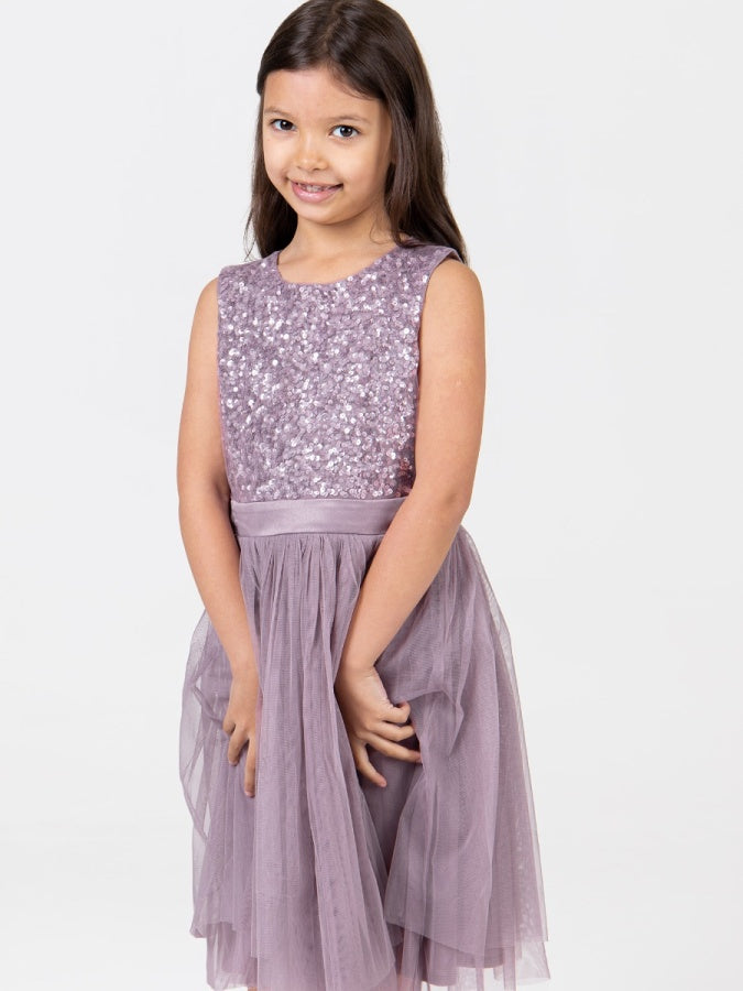 Mini Maya Moody Lilac Delicate Sequin Midi Dress With Bow