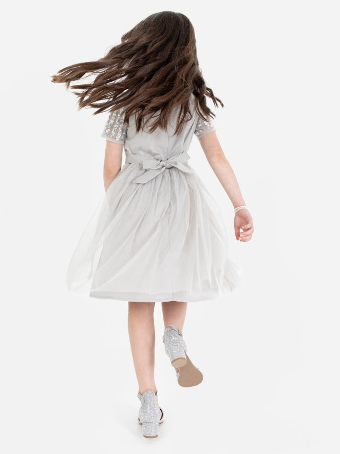 Mini Maya Soft Grey Stripe Embellished Midi Dress With Bow