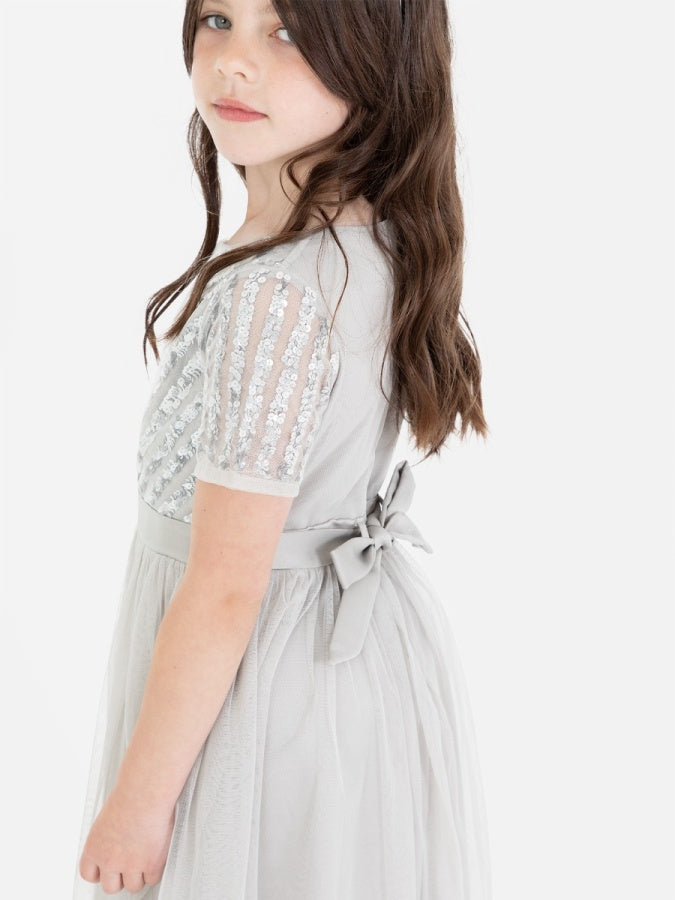 Mini Maya Soft Grey Stripe Embellished Midi Dress With Bow