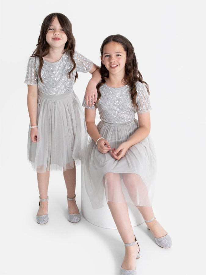 Mini Maya Soft Grey Stripe Embellished Midi Dress With Bow