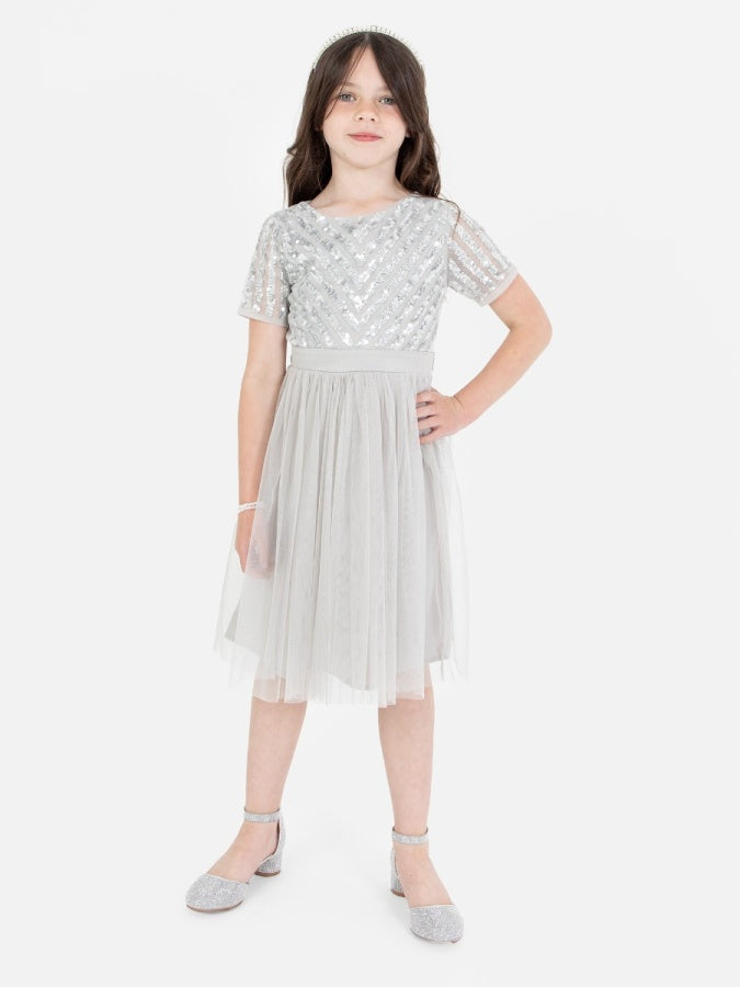 Mini Maya Soft Grey Stripe Embellished Midi Dress With Bow