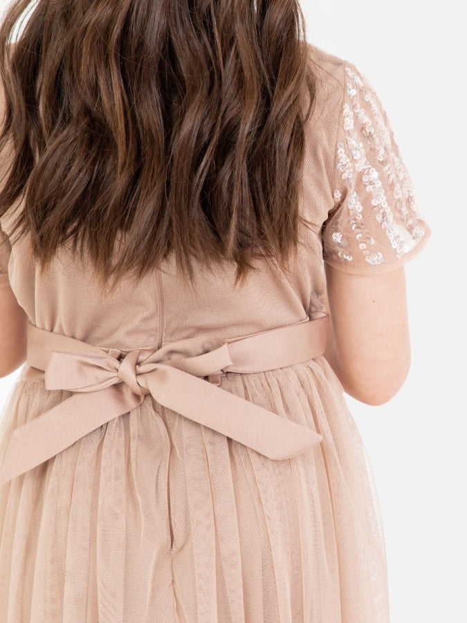 Mini Maya Taupe Blush Stripe Embellished Midi Dress With Bow