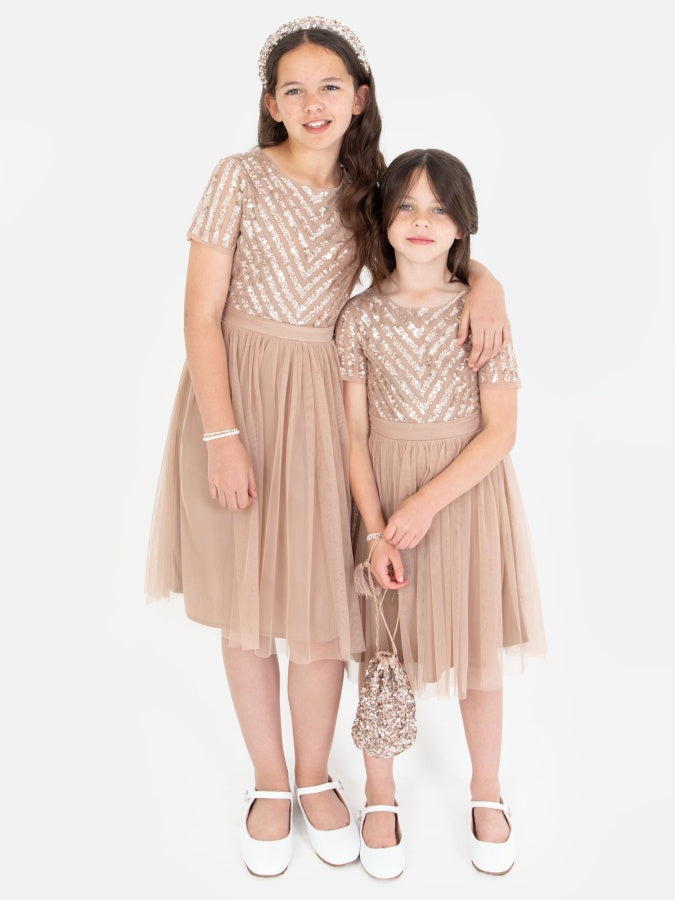 Mini Maya Taupe Blush Stripe Embellished Midi Dress With Bow