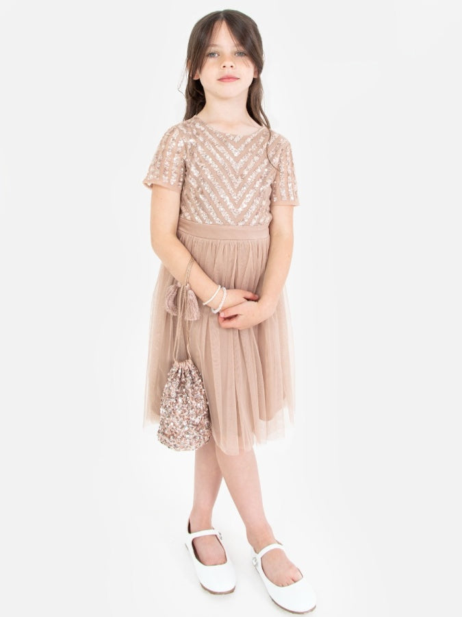 Mini Maya Taupe Blush Stripe Embellished Midi Dress With Bow