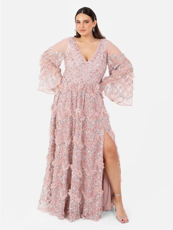 Maya Pink Fully Embellished Maxi Dress with Frill Detail