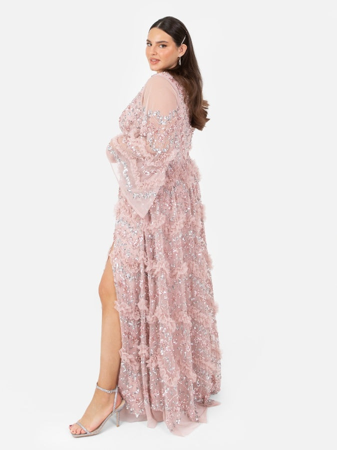 Maya Pink Fully Embellished Maxi Dress with Frill Detail