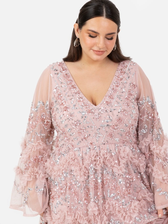 Maya Pink Fully Embellished Maxi Dress with Frill Detail