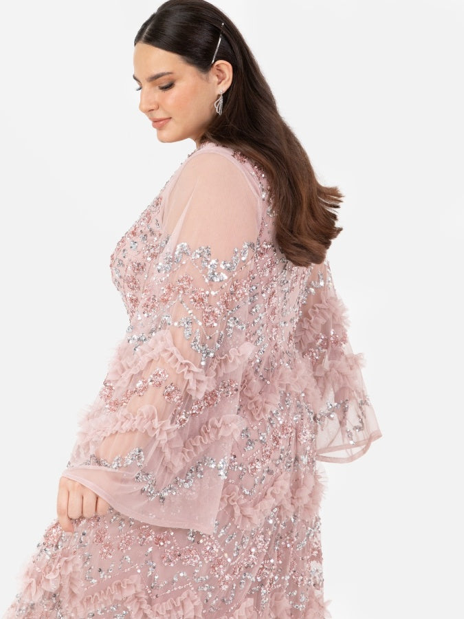 Maya Pink Fully Embellished Maxi Dress with Frill Detail