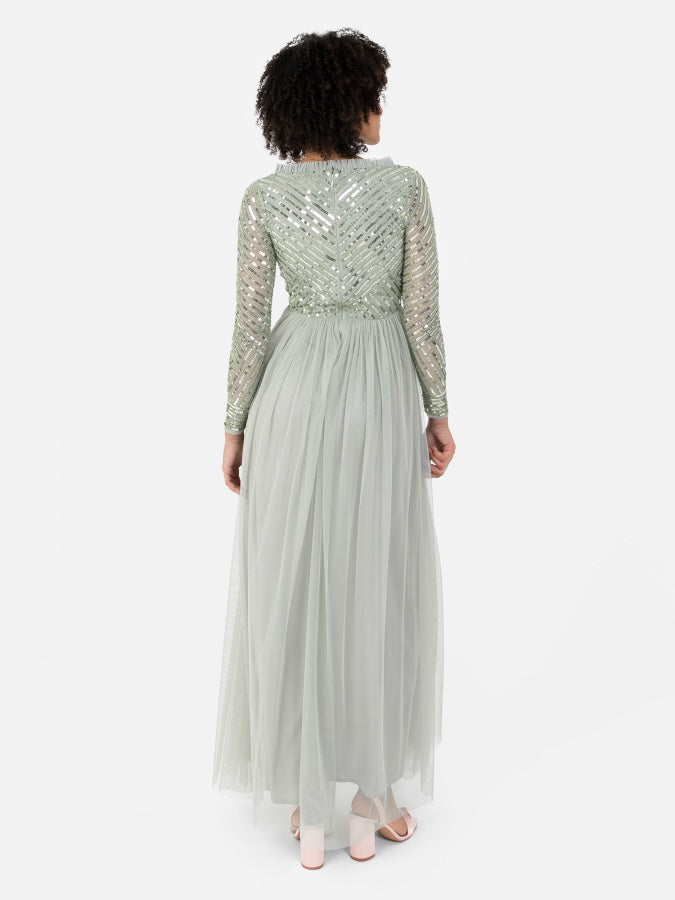 Maya Sage Green Stripe Embellished Faux Wrap Bodice Maxi Dress