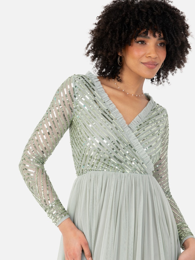 Maya Sage Green Stripe Embellished Faux Wrap Bodice Maxi Dress