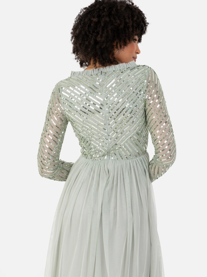Maya Sage Green Stripe Embellished Faux Wrap Bodice Maxi Dress