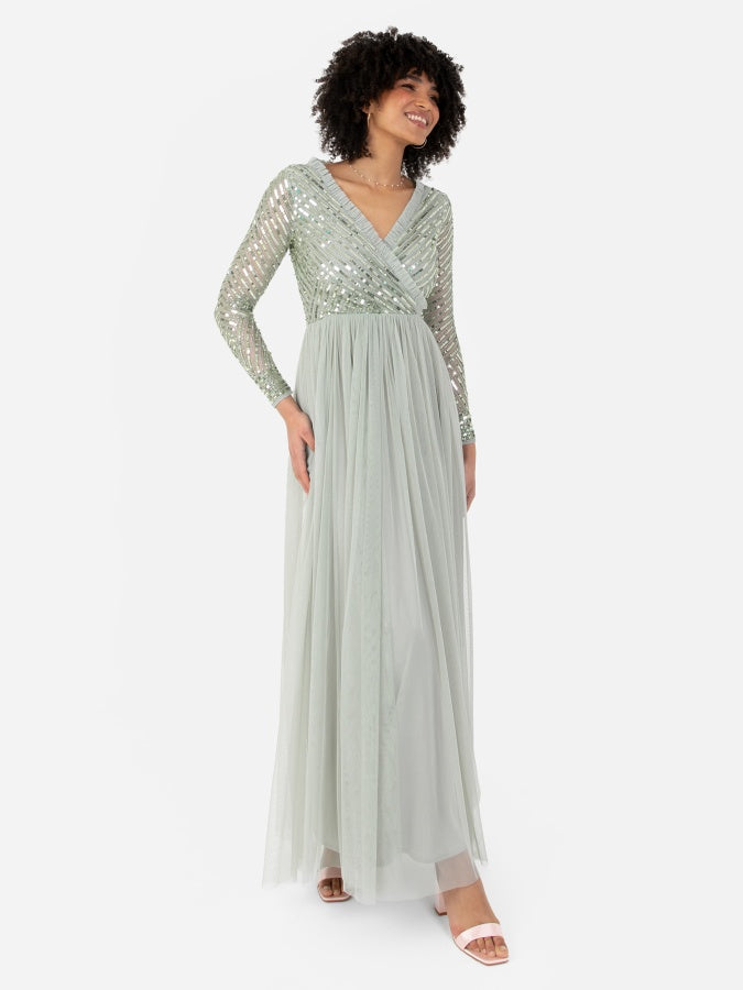Maya Sage Green Stripe Embellished Faux Wrap Bodice Maxi Dress