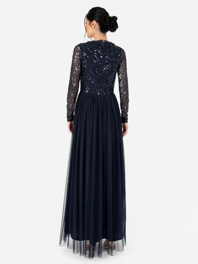 Maya Navy Stripe Embellished Faux Wrap Bodice Maxi Dress