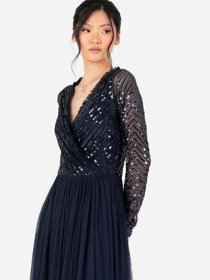 Maya Navy Stripe Embellished Faux Wrap Bodice Maxi Dress
