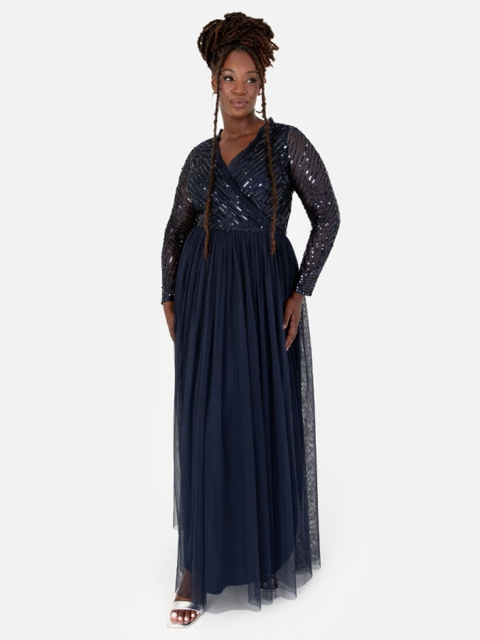 Maya Navy Stripe Embellished Faux Wrap Bodice Maxi Dress