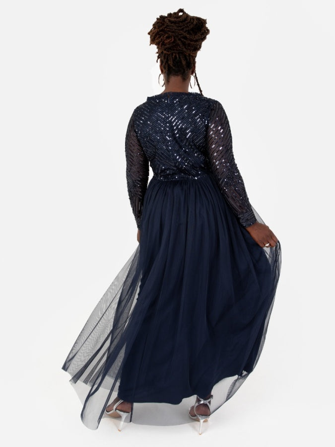 Maya Navy Stripe Embellished Faux Wrap Bodice Maxi Dress