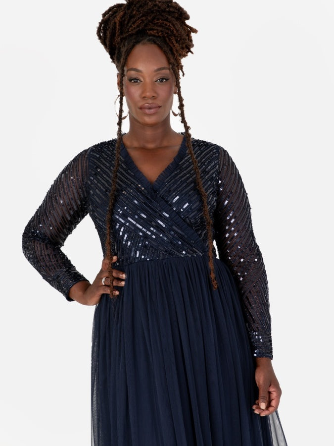 Maya Navy Stripe Embellished Faux Wrap Bodice Maxi Dress