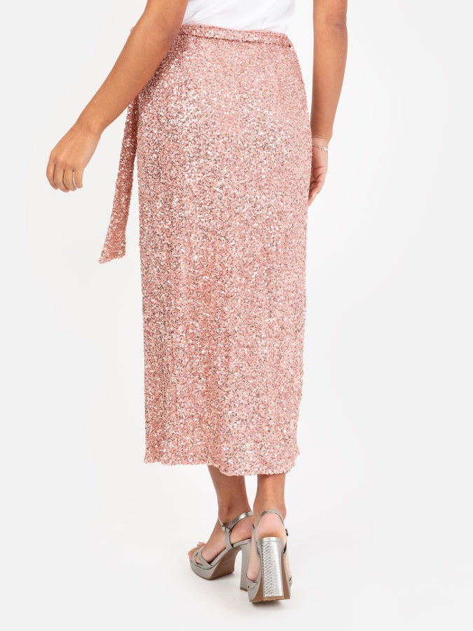 Maya Blush Fully Embellished Wrap Midi Skirt