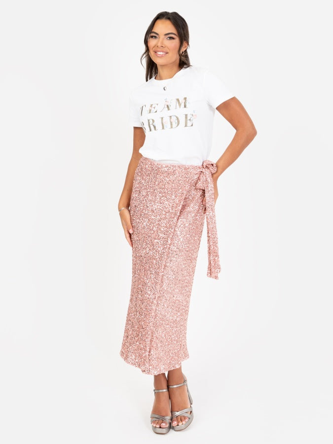 Maya Blush Fully Embellished Wrap Midi Skirt