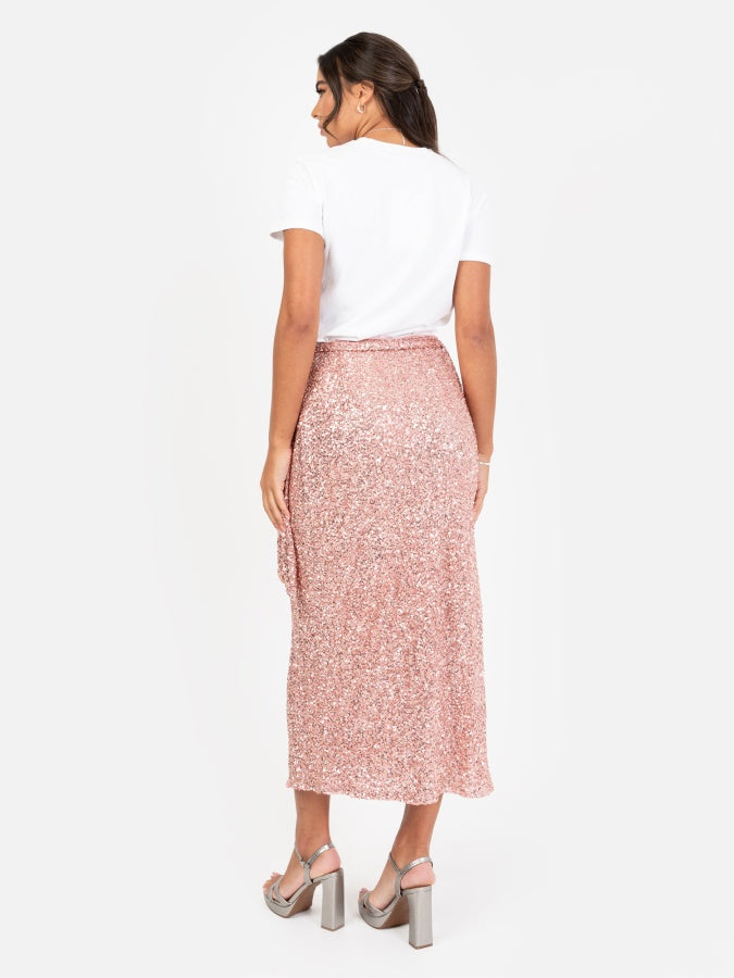 Maya Blush Fully Embellished Wrap Midi Skirt