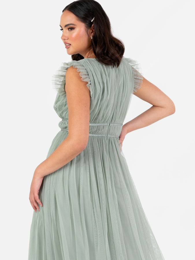 Anaya With Love Recycled Tulle Frosty Green V Neck Flutter Sleeve Maxi Dress