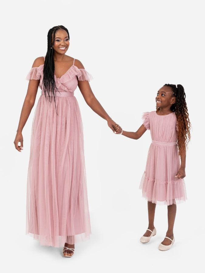 Mini Anaya Recycled Blush Pink Flutter Sleeve Midi Dress with Bow Detail