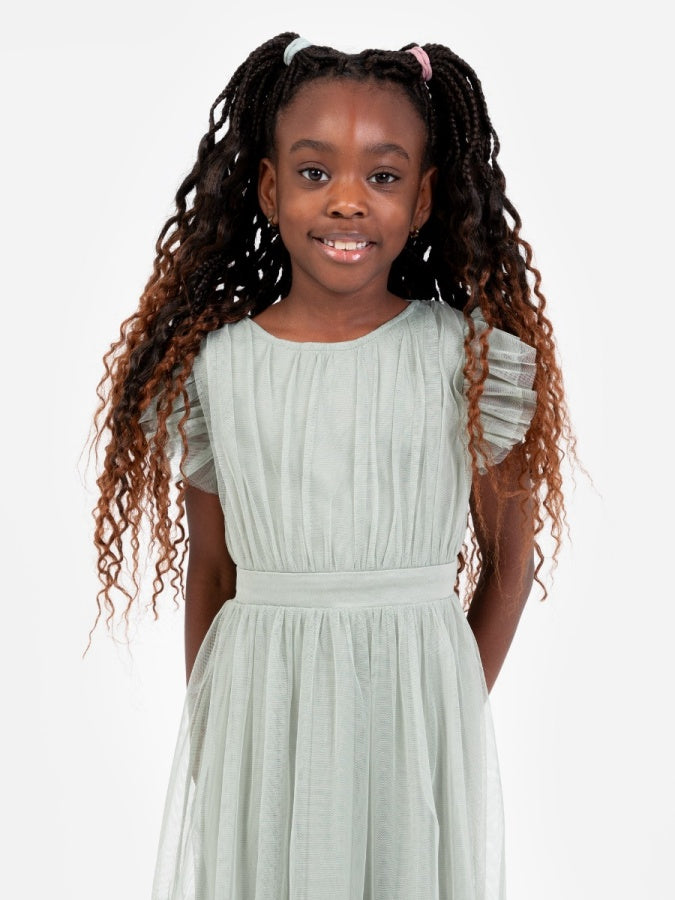 Mini Anaya Recycled Frosty Green Flutter Sleeve Midi Dress with Bow Detail