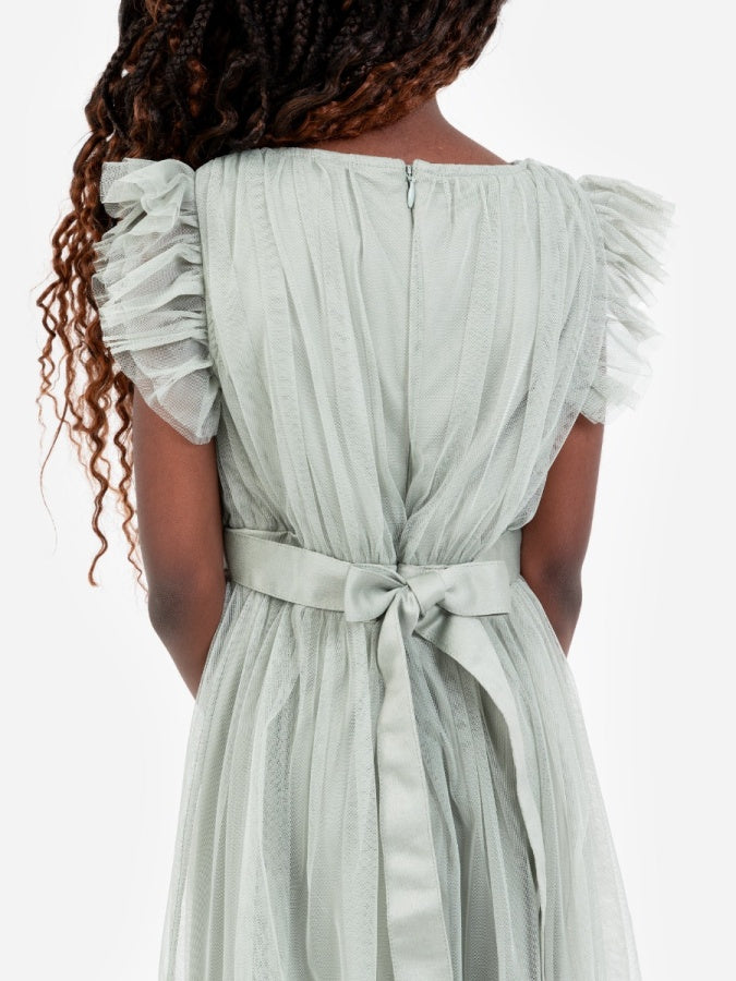 Mini Anaya Recycled Frosty Green Flutter Sleeve Midi Dress with Bow Detail