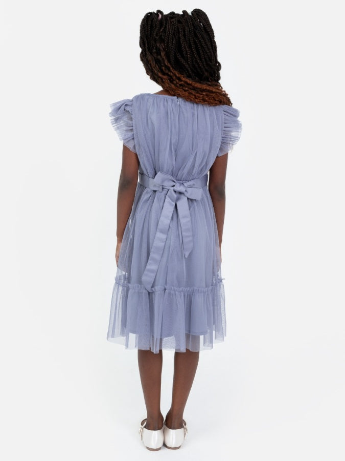 Mini Anaya Recycled Slate Blue Flutter Sleeve Midi Dress with Bow Detail