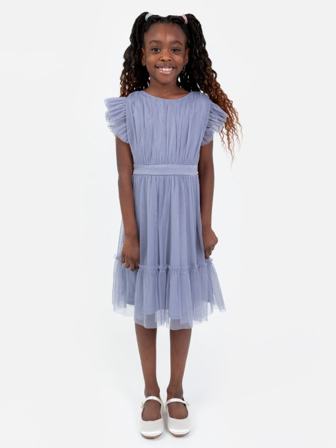 Mini Anaya Recycled Slate Blue Flutter Sleeve Midi Dress with Bow Detail