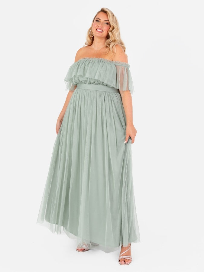 Anaya With Love Recycled Frosty Green Bardot Maxi Dress with Sash Belt