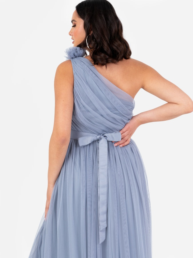 Anaya With Love Recycled Slate Blue Ruffled One Shoulder Maxi Dress with Sash Belt
