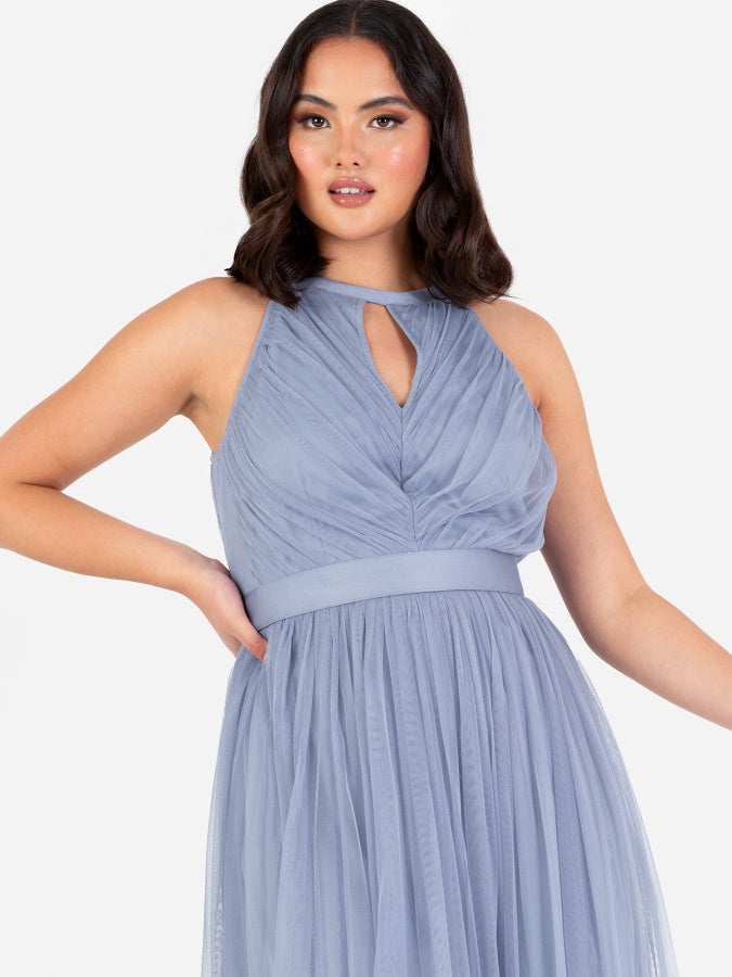 Anaya With Love Recycled Slate Blue Halter Neck Maxi Dress with Sash Belt