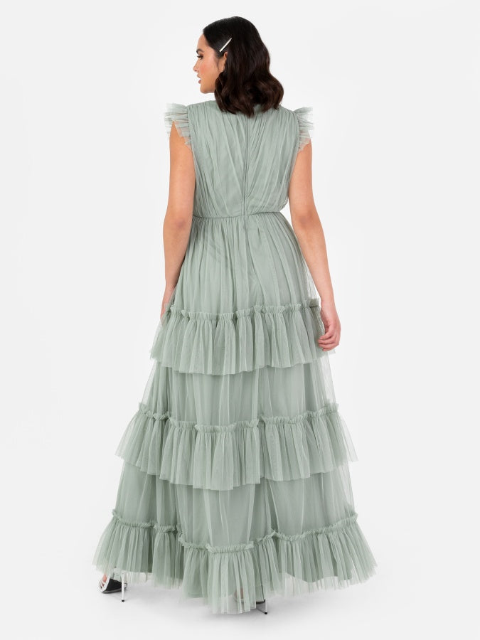 Anaya With Love Recycled Frosty Green Short Sleeve V Neck Tiered Maxi Dress