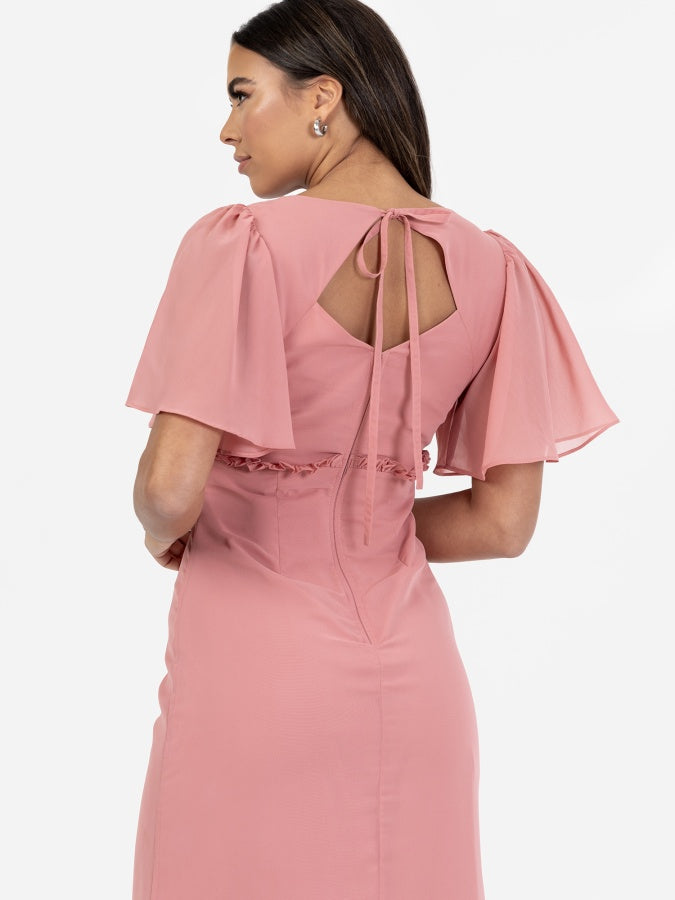 Anaya With Love Recycled Dusty Rose V Neck Short Flutter Sleeve Maxi Dress with Frill Detail
