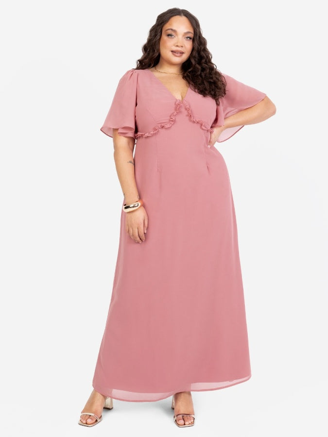 Anaya With Love Recycled Dusty Rose V Neck Short Flutter Sleeve Maxi Dress with Frill Detail