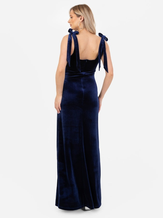 Maya Navy V Neck Tie Shoulder Velvet Maxi Dress