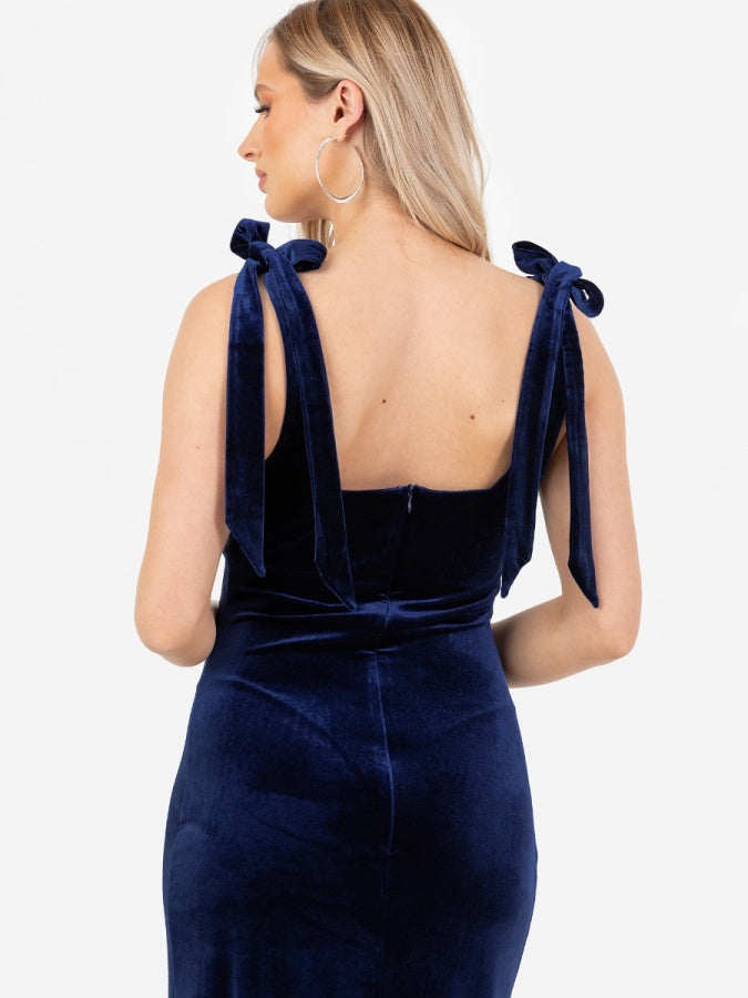 Maya Navy V Neck Tie Shoulder Velvet Maxi Dress