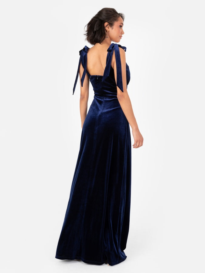 Maya Navy V Neck Tie Shoulder Velvet Maxi Dress