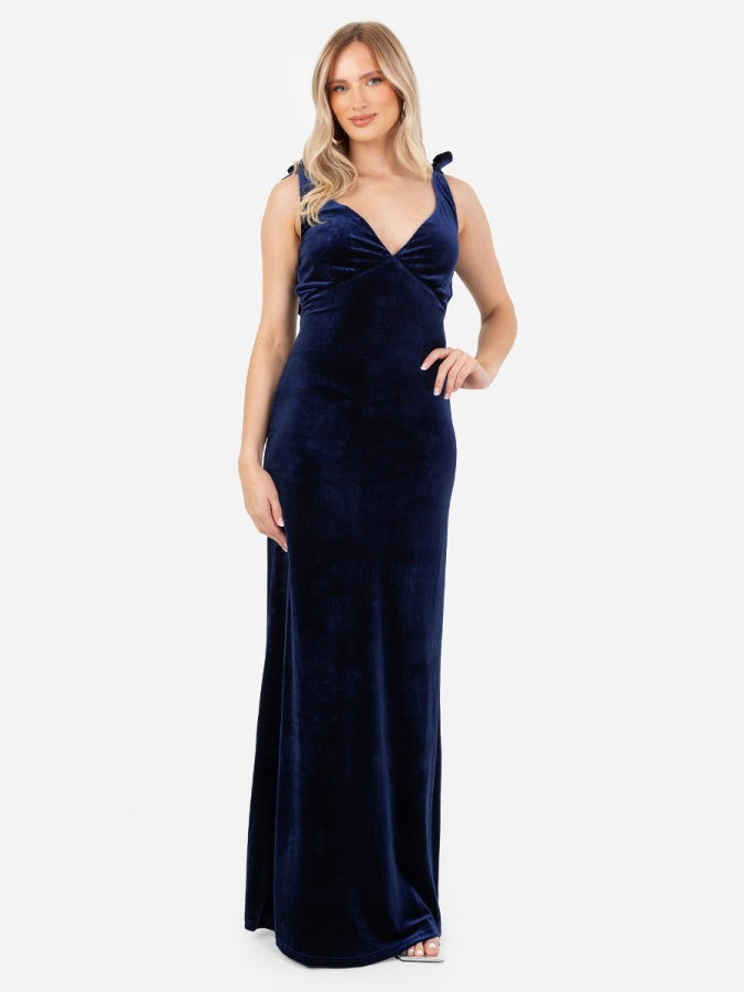 Maya Navy V Neck Tie Shoulder Velvet Maxi Dress