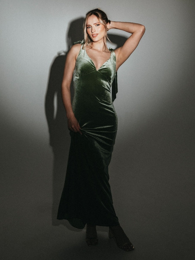 Maya Moss Green V Neck Tie Shoulder Velvet Maxi Dress