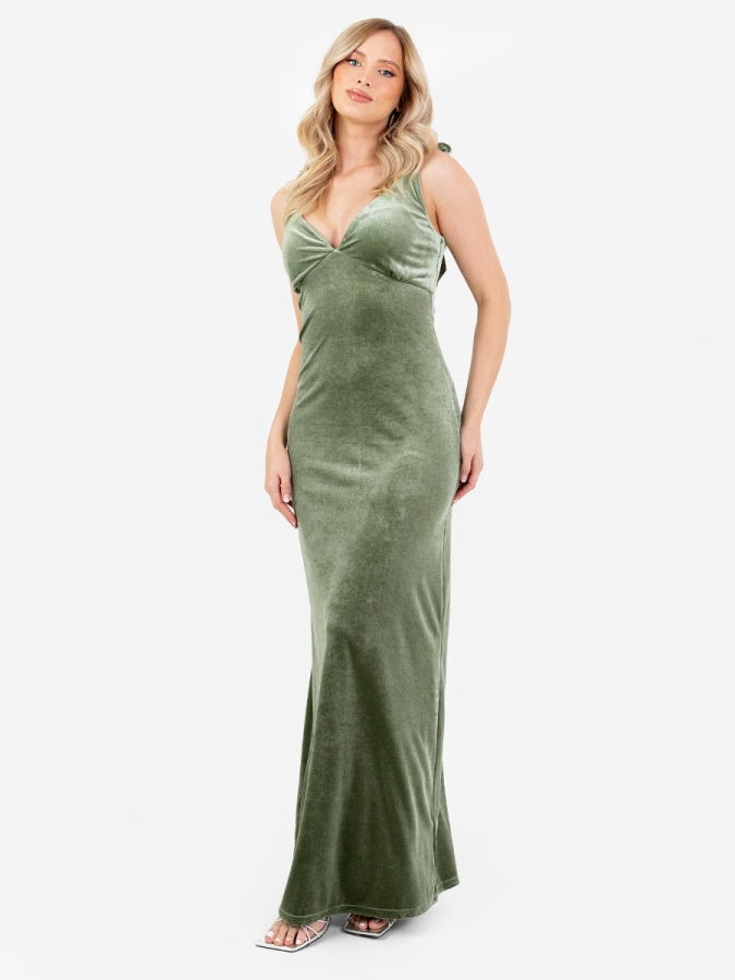 Maya Moss Green V Neck Tie Shoulder Velvet Maxi Dress