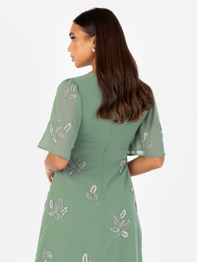 Maya Dark Sage Green Embellished Knot Front & Angel Sleeve Maxi Dress