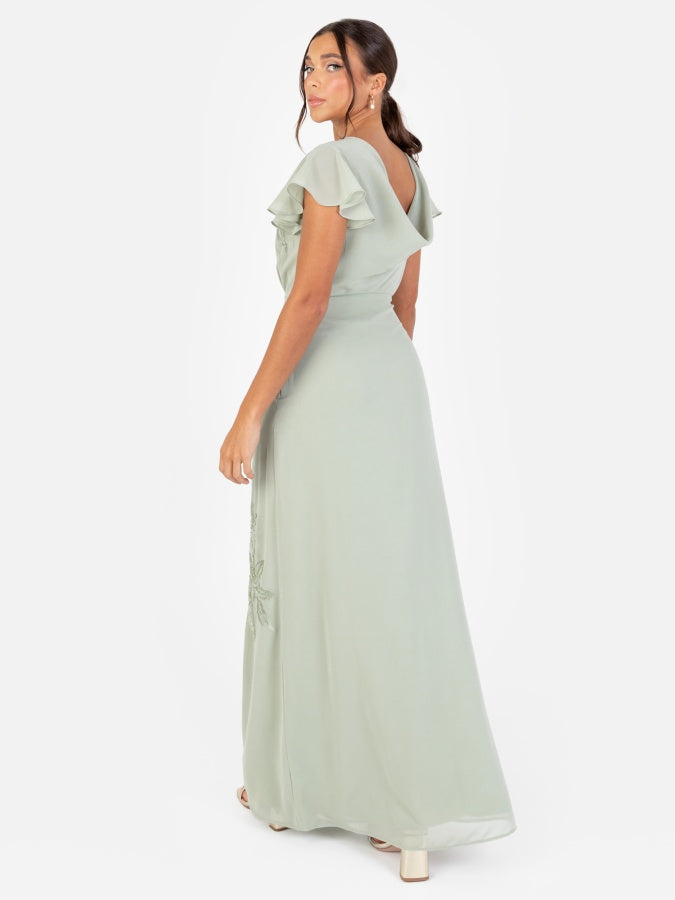 Maya Sage Green Floral Embroidered Cowl Back Maxi Dress
