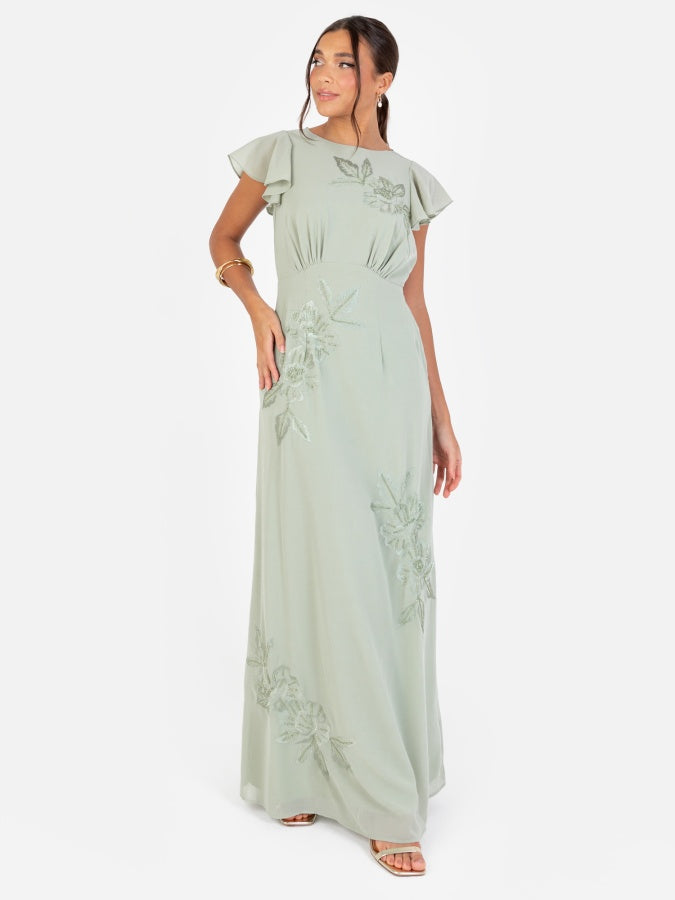 Maya Sage Green Floral Embroidered Cowl Back Maxi Dress