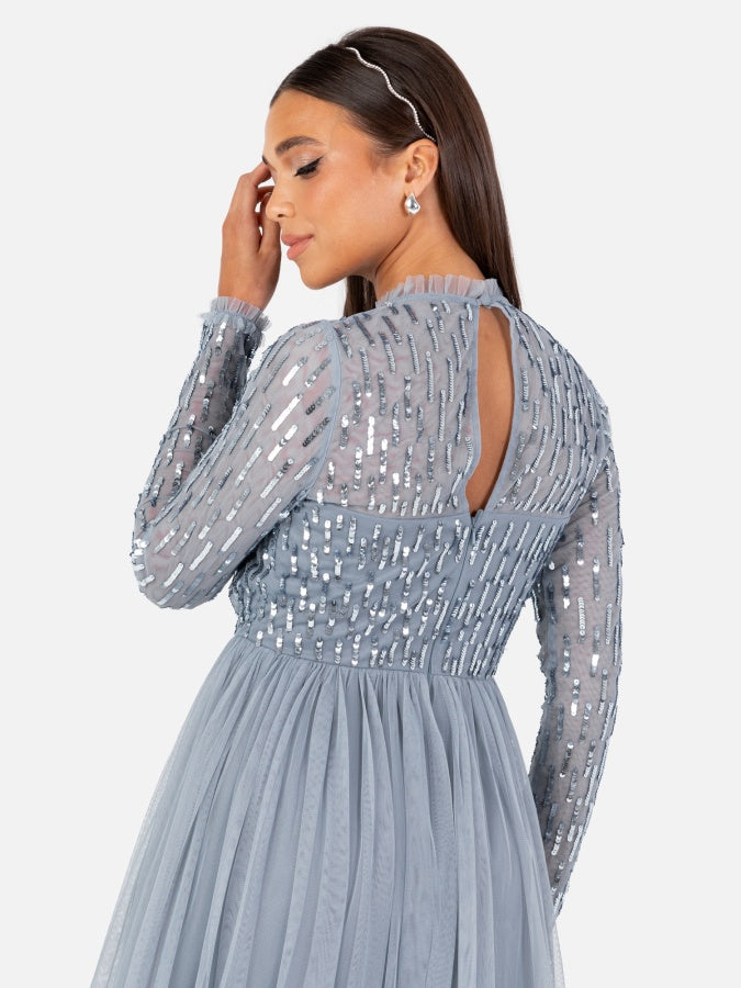 Maya Dusty Blue Linear Embellished Long Sleeve Maxi Dress