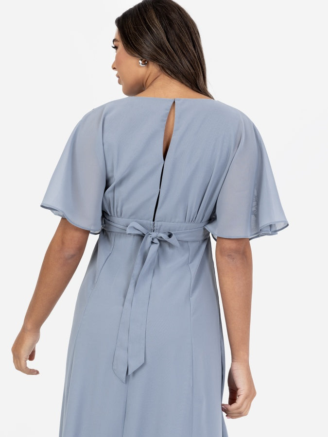 Maya Dusty Blue Floral Embroidered Short Sleeve Maxi Dress