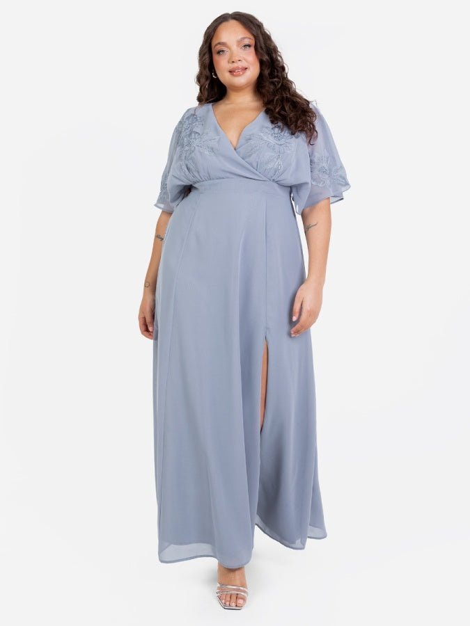 Maya Dusty Blue Floral Embroidered Short Sleeve Maxi Dress